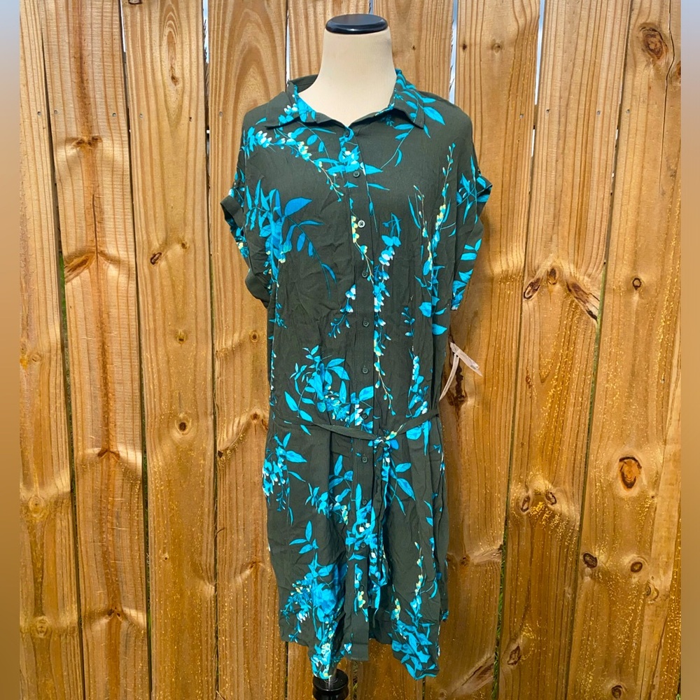 Ana Green Floral Tie Up Button Up Dress Sz L